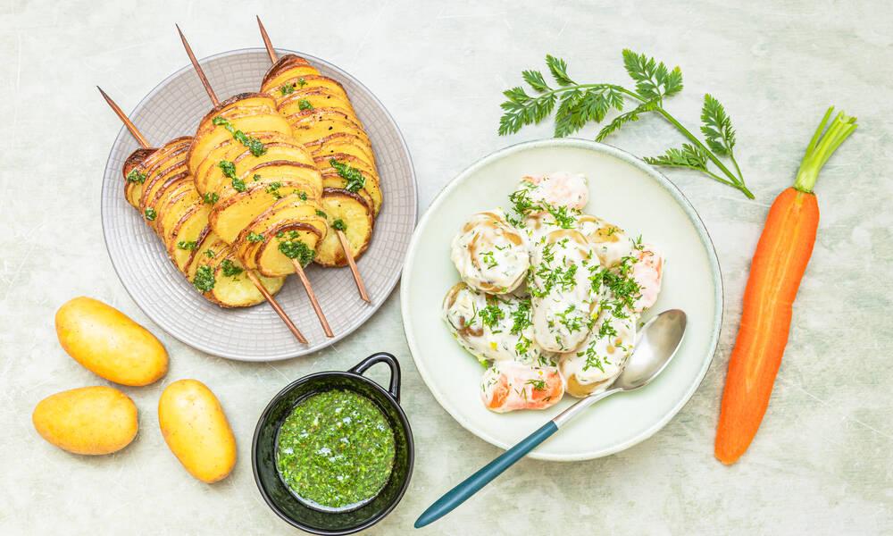 Hölskypotut, perunavartaat ja yrttidippi.  Kuva: Kati Laszka